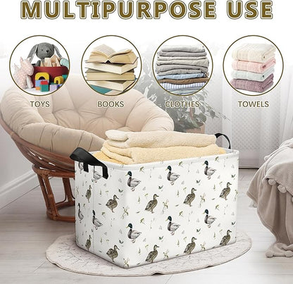 Mallard Duck Storage Basket, Collapsible Waterproof Canvas Organizer Bin, Funny Rectangular Kids Toys Storage Box Cute Mallard Duck Decor, Shelf Baskets for Closet Bedroom Office Dorm (Brown)