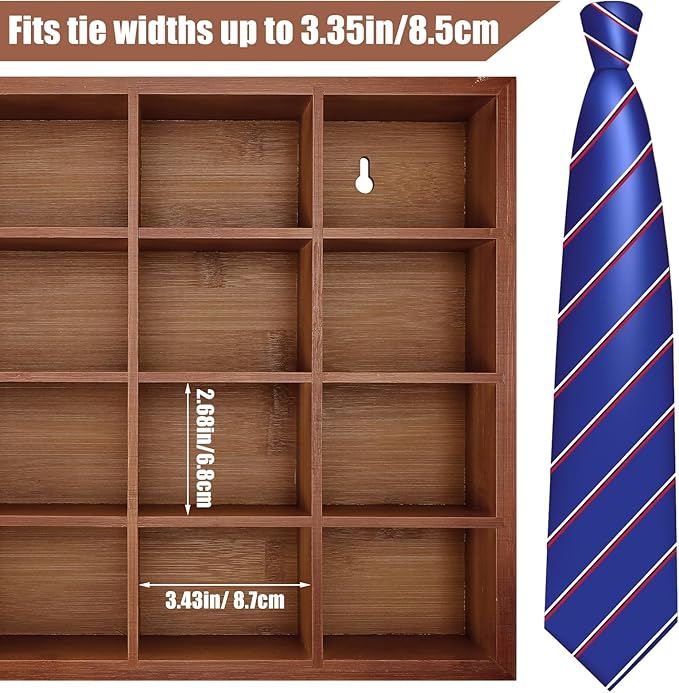 Wesiti Tie Box Organizer Wall Mounted Tie Rack with 16 Compartments Bamboo Belt Holder for Men Scarf Necktie Home Wall Closet(Dark Brown Color,2 Piece)