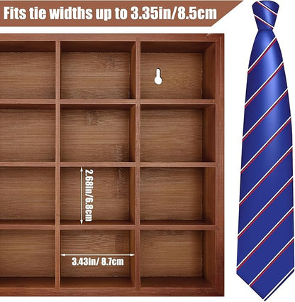 Wesiti Tie Box Organizer Wall Mounted Tie Rack with 16 Compartments Bamboo Belt Holder for Men Scarf Necktie Home Wall Closet(Dark Brown Color,2 Piece)