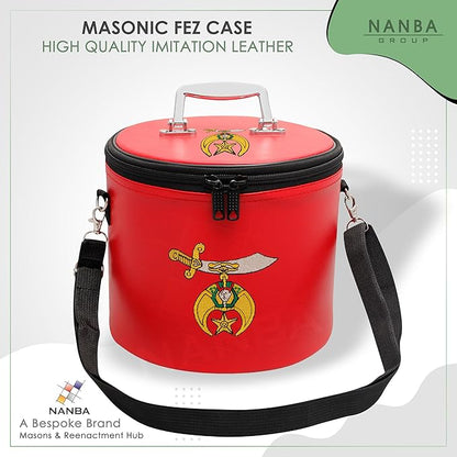 Machine Embroidered Shriner Fez Case – Deluxe Masonic Fez Cap Storage Box with Strap, Imitation Leather Gifts, Display Box for Masonic Fez Hats (Red)