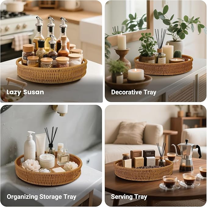 12 Inch Rattan Lazy Susan Organizer for Cabinet, Round Rotating Wicker Turntable Serving Tray with Handles for Kitchen Counter, Coffee Table