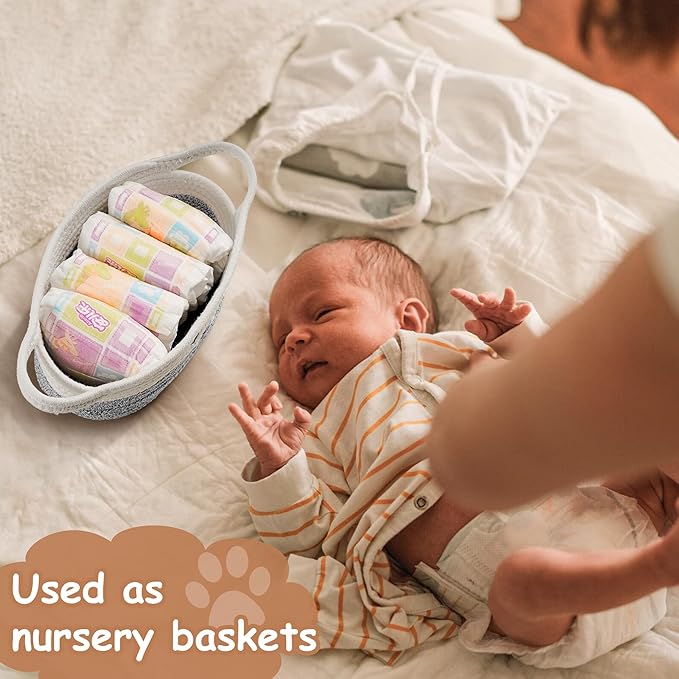 Small Woven Baskets for Organizing Rope with Handle Cute Cotton Basket for Nursery Gift Dog Cat Toy Storage Basket for Toy Organizer-Gray