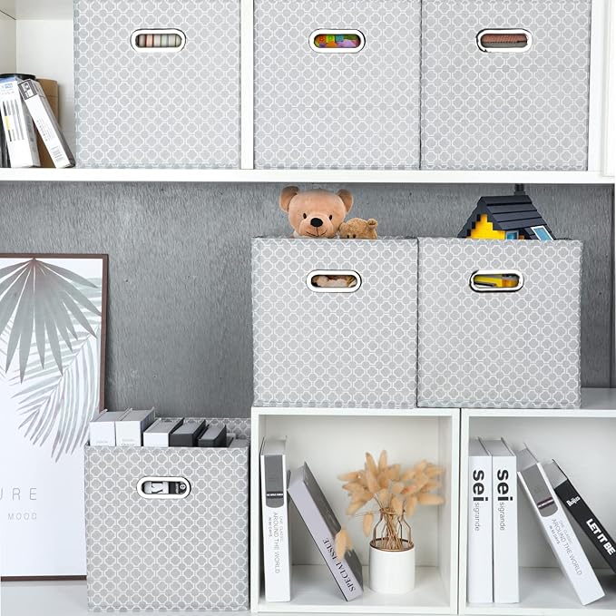 Fabric Cloth Storage Bins,Fabric Cube Organizer with Dual Handles Foldable Cube Storage Baskets for Home Bedroom Storage,Set of 6,（Light Grey）