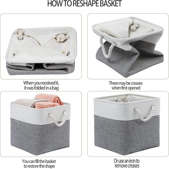 MidmmVick 11 x 11 Inch Cube Storage Bins, 6 Pack Large Collapsible Fabric Storage Bin with Ropes, Foldable Storage Cubes for Home, Office,Closet, Clothes, Toys Organizer (White & Grey-11"x11"x11")