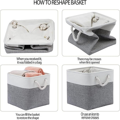 MidmmVick 11 x 11 Inch Cube Storage Bins, 6 Pack Large Collapsible Fabric Storage Bin with Ropes, Foldable Storage Cubes for Home, Office,Closet, Clothes, Toys Organizer (White & Grey-11"x11"x11")