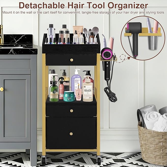 Makeup Organizer Cart with 3 Drawers, Rolling Vanity Organizer with Detachable Hair Tool Holder & Wheels, Floor Makeup Storage Cart for Skincare, Perfume, Nail Polish, Gold & Black