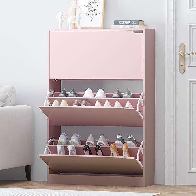 Shoe Storage Cabinet for Entryway, Pink Shoe Cabinet with 3 Flip Drawers, Hidden Shoes Rack Freestanding Storage Organizer for Entryway,Closet, Living Room,Hallway 47.24"H × 31.50"W × 9.44"D