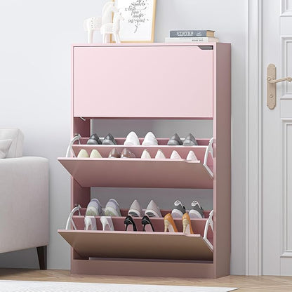 Shoe Storage Cabinet for Entryway, Pink Shoe Cabinet with 3 Flip Drawers, Hidden Shoes Rack Freestanding Storage Organizer for Entryway,Closet, Living Room,Hallway 47.24"H × 31.50"W × 9.44"D