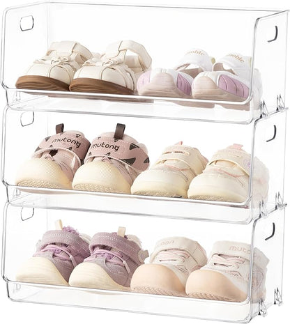 HBlife Clear Acrylic Kids Shoe Rack Baby Toddler Shoe Storage Organizer for Closet Floor Entryway Bedroom, 3 Tier Stackable Small Shoe Rack Shelf Display Stand