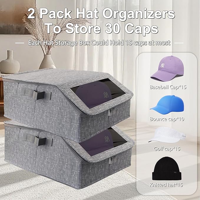 Stackable Hat Storage for Baseball Caps, Holds up to 30 Caps with Cardboard, Hat Organizer for Women & Men, 2 PCS Hat Storage Boxes for Closet, Grey