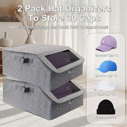 Stackable Hat Storage for Baseball Caps, Holds up to 30 Caps with Cardboard, Hat Organizer for Women & Men, 2 PCS Hat Storage Boxes for Closet, Grey