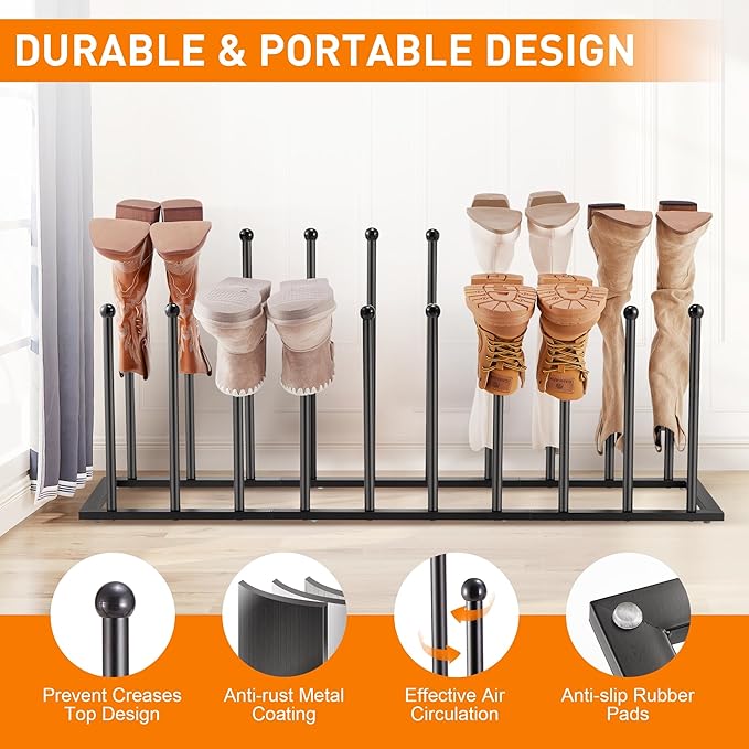 Housen Solutions 10 Pairs Boot Rack Organizer for Tall Boots, Large Capacity Metal Free Standing Shoe Racks, Black Cowboy Boot Holder Stand for Closet, Garage