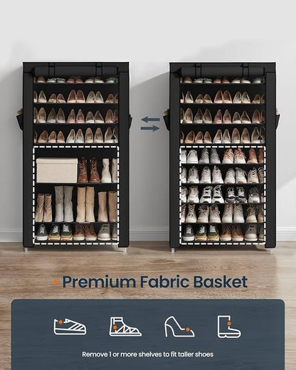 SONGMICS Home Shoe Rack 10-Tier, Tall Narrow Metal Shoe Organizer with Dust Cover, 11.2 x 33.3 x 63.2 Inches, Vertical Storage Cabinet for Closet Entryway, Black