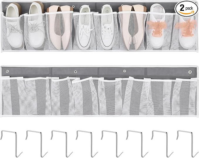 2 Pack RV Shoe Storage Solutions, Hanging Shoe Organizer with 8 Large Pockets, Wall Mounted Bedside Caddy for Entryway, Camper, Dorm & Bedroom Organization, Gray