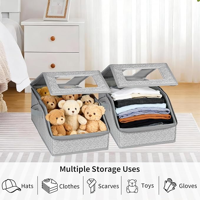 2 Pack Hat Storage Boxes for Baseball Caps - Stackable Clear Hat Organizer Box with Window Lid, Dustproof Closet Hat Case for 20-30 Caps, Large Foldable Ball Cap Storage Organizer for Men & Women