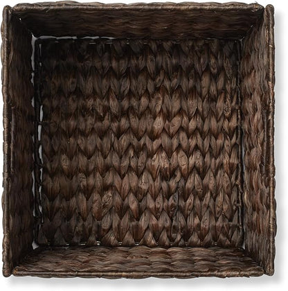 Casafield 12" x 12" Water Hyacinth Storage Baskets, Espresso - Set of 6 Collapsible Cube Organizers, Woven Bins for Bathroom, Bedroom, Laundry, Pantry, Shelves
