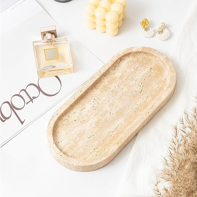 Natural Travertine Vanity Tray Waterproof Italy Marble Bathroom Organizer for Perfume, Candles & Jewelry Non-Slip Oval Storage Tray for Spa, Bedroom, Kitchen 9.8" x 4.5" Beige (WH028)