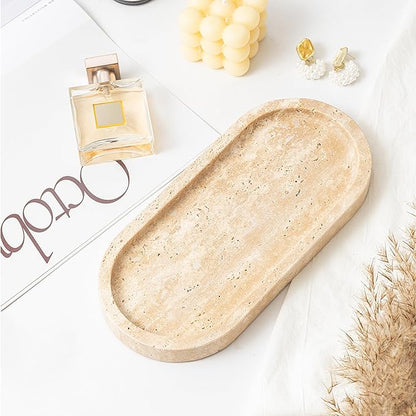 Natural Travertine Vanity Tray Waterproof Italy Marble Bathroom Organizer for Perfume, Candles & Jewelry Non-Slip Oval Storage Tray for Spa, Bedroom, Kitchen 9.8" x 4.5" Beige (WH028)