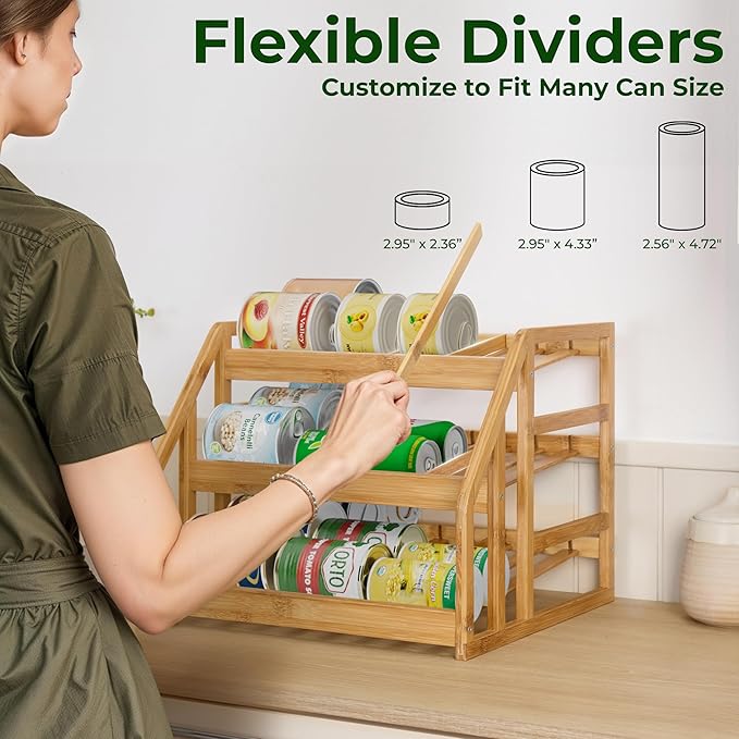 HOMESTEAD Bamboo Can Organizer for Pantry - 3 Tier Rack with Adjustable Dividers, Gravity Feed Canned Goods Organizer, 36 Cans Soda Storage