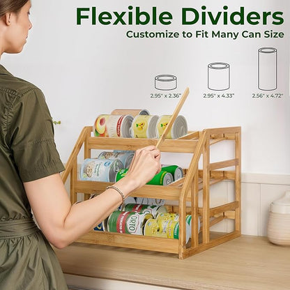 HOMESTEAD Bamboo Can Organizer for Pantry - 3 Tier Rack with Adjustable Dividers, Gravity Feed Canned Goods Organizer, 36 Cans Soda Storage