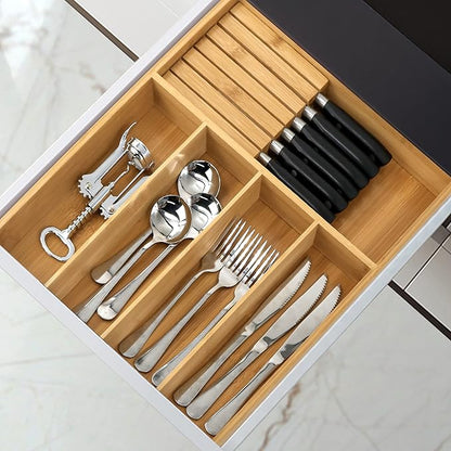 VaeFae Bamboo Silverware Organizer (Non-expandable), Utensil Holder for Drawer, Cutlery Tray with Divider for Kitchen Drawer, Utensil Organizer with Knife Block