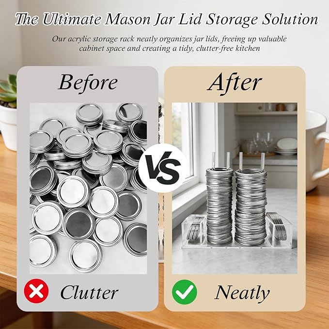 2-In-1 Mason Jar Lid Organizer, Acrylic Lid Storage Organizer for Regular & Wide Mason/Canning Lids, Holds 14 of Each Size, Canning Rack for Cabinet, Countertop & Pantry