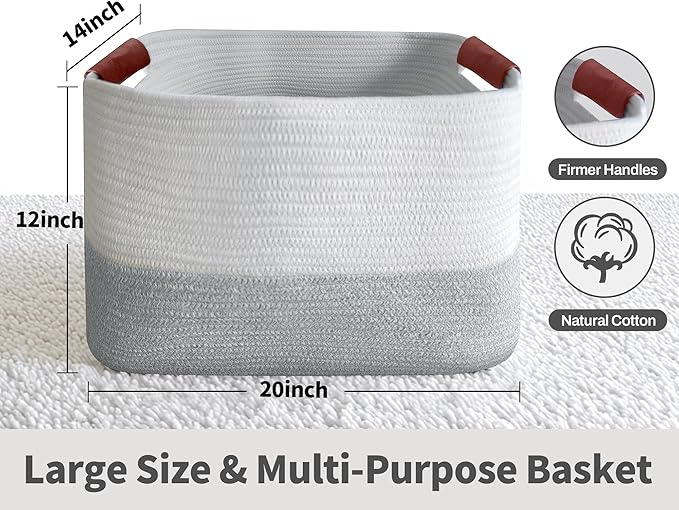 Large Cotton Rope Storage Basket with Leather Handles, Laundry Hamper Basket, 20 "L x 14" W x 12 "H, Durable & Stylish Organizer for Home.(Large Light Gray )