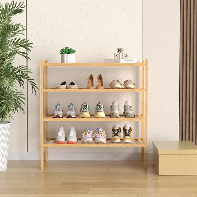 ROMGUAR CRAFT 4 Tier Bamboo Shoe Rack for Closet Free Standing Wood Shoe Shelf for Entryway Small Space Stackable 27"x11"x26" (Natural)