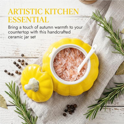 Ceramic Salt Cellar with Lid and Spoon, Salt Holder for Counter, Coffee, Sugar, Spices and Candies, Salt Containers for Countertop (yellow)