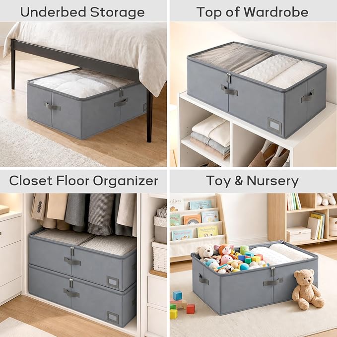 10-Inch Under Bed Storage Containers (2-Pack) | Sturdy Sidewalls | Clear Cover & Label Holder | Foldable Fabric Closet Bin Organizer | Stores Clothing/Blankets/Sweaters/Sheets