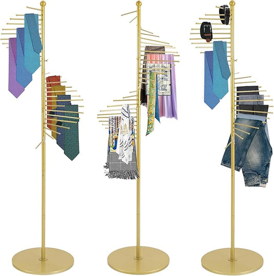 67" Gold Retail Display Tie & Scarf Rack, Belt Hanger & Pants Racks Towel Organizer Hanging Bar, Floor Standing Tie Racks Scarves Rack Necktie Holder for Home Clothing Store Commercial