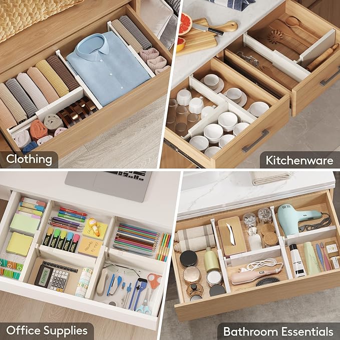 Lifewit 9 Pack Drawer Dividers 4" High 28-43.5cm/11-17" Adjustable Drawer Organizer for Clothes/Utensils, Expandable Drawer Separator in Dresser/Kitchen/Bedroom/Office Organization & Storage Beige