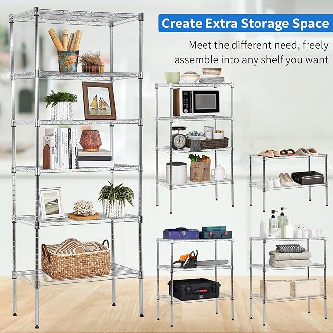 Metal Shelving Unit Detachable Storage Rack with 8 Leveling Feet Adjustable Storage Shelves Wire Shelves for Storage Kitchen Garage, 900LB Capacity, 59" H x 23" L x 13" D, Chrome