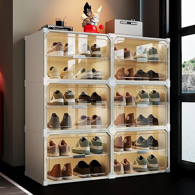 MAGINELS 6-Tier Shoe Rack,Expandable Plastic Shoe Cabinet. Shoe Storage with Door,Entryway, Closets, Hallway, and Bedroom.Accommodates Up to 24 Pairs of Shoes.Grey (6 Tier 24 Pairs（White）)