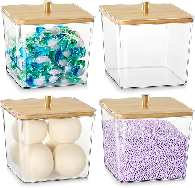 4 Pack Laundry Detergent Container, Clear Laundry Room Organization Containers, Large Laundry Powder Storage Organizer Wooden Lids with Scoop