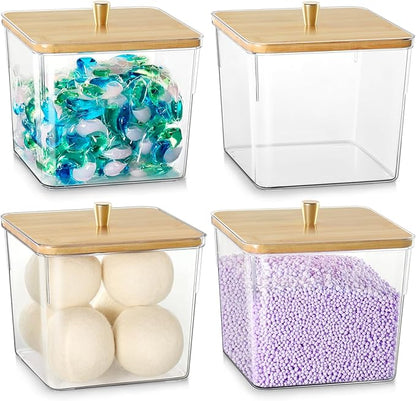 4 Pack Laundry Detergent Container, Clear Laundry Room Organization Containers, Large Laundry Powder Storage Organizer Wooden Lids with Scoop