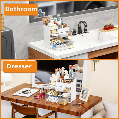 White Countertop Makeup Organizer with 6 Drawers,Large Capacity Skincare Organizers for Vanity,Desk,Dresser,Plastic Bathroom Counter Organizer for Beauty,Skin Care,Perfume,Make up Brush Organization