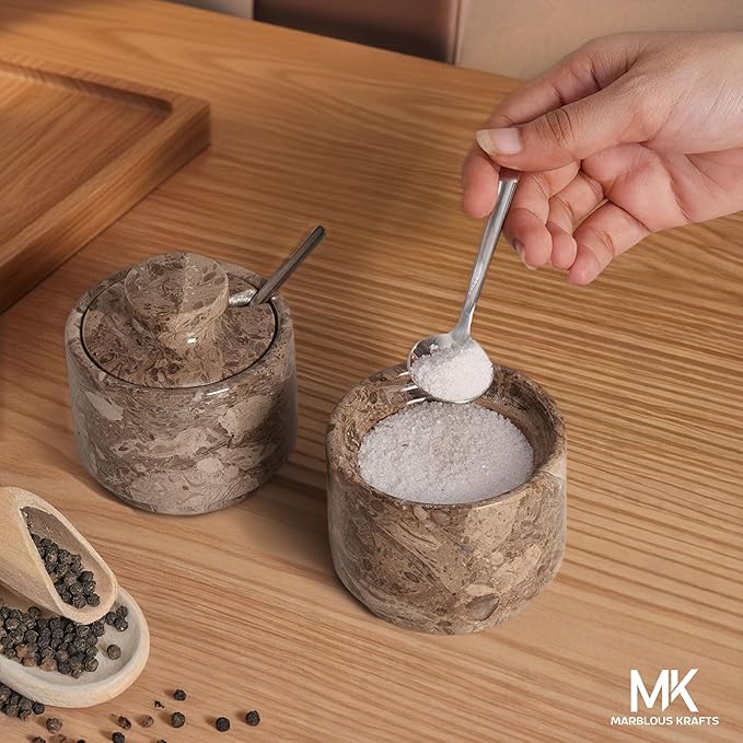 MARBLOUS KRAFTS Marble Salt Cellar 3" Inch Oceanic Flaky Salt Holder for Countertop, Set of 2 Spice Boxes, Brown Sugar Keeper, and Sugar Jar with Lid & Spoon, Perfect for Kitchen Storage
