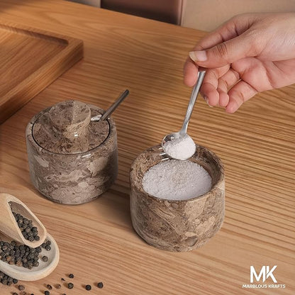 MARBLOUS KRAFTS Marble Salt Cellar 3" Inch Oceanic Flaky Salt Holder for Countertop, Set of 2 Spice Boxes, Brown Sugar Keeper, and Sugar Jar with Lid & Spoon, Perfect for Kitchen Storage