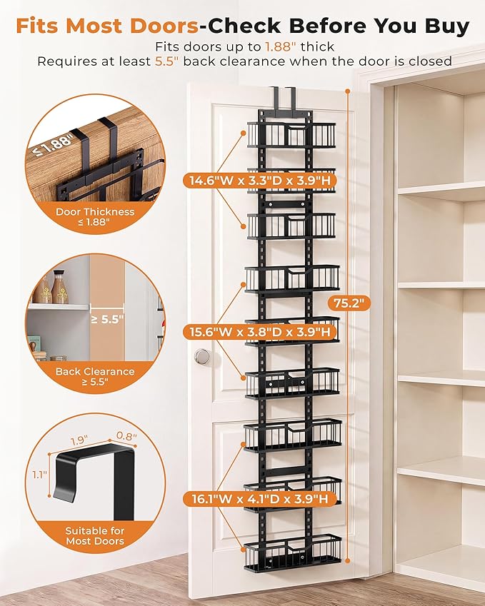 EVERIE Over the Door Pantry Organizer, 9-Tier Heavy Duty Door Storage Rack with Solid Bottom Baskets, Stable No-Bumping Design, Adjustable Hanging Shelves for Kitchen Pantry