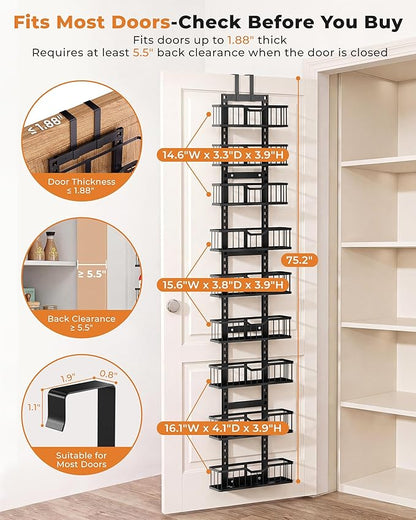EVERIE Over the Door Pantry Organizer, 9-Tier Heavy Duty Door Storage Rack with Solid Bottom Baskets, Stable No-Bumping Design, Adjustable Hanging Shelves for Kitchen Pantry