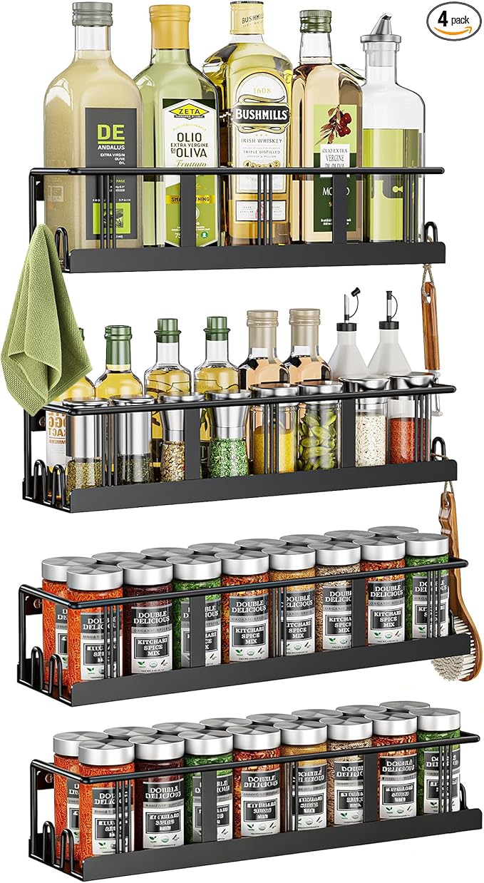 Bunoxea Spice Rack Wall Mounted 4 Pack, Space-Saving Spice Organizer for Spice Jars and Seasonings,Screw or Adhesive Hanging Spice Rack Organizer for Your Kitchen Cabinet,or Pantry Door