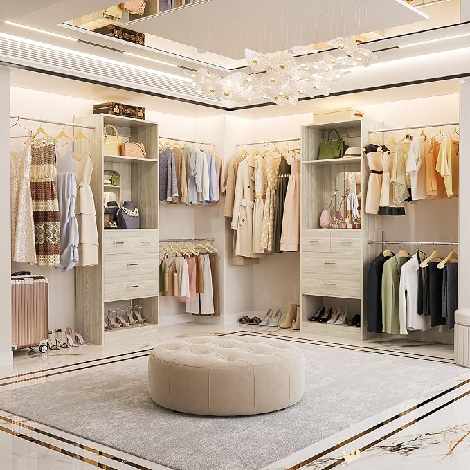 Unikito 8FT Closet System, Customizable 96” Closet Storage Organizer with 25” Tower and 3 Extendable Hanging Rods (Can Be Cut to Fit), Heavy Duty Clothing Racks with 4 Drawers and Shelves, White Oak