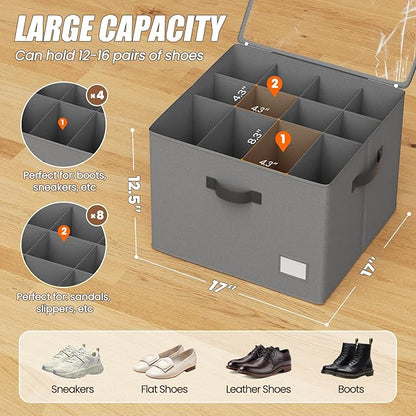 PHINOX Shoe Organizer for Closet, 2 Pack Fabric Shoe Organizer Storage Box, Shoe Storage Containers with Clear Cover, Closet Shoe Storage for Boots Sandals Slippers,Fits 16-32 Pairs, Gray