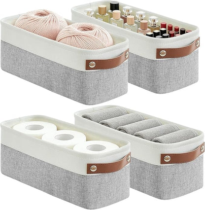 Bagnizer Small Fabric Storage Baskets, 15x6x5 inch Narrow Storage Bins 4-Pack Long Storage Basket for Organizing with Handles, Decorative Basket for Closets, Shelves, Toilet Paper, Grey