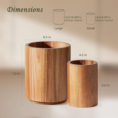 Criusia Utensil Holder 2 Pack, 360° Rotating Acacia Wood Cooking Utensil Crocks for Kitchen Counter, Farmhouse & Modern Decor, (1 Large,1 Small)