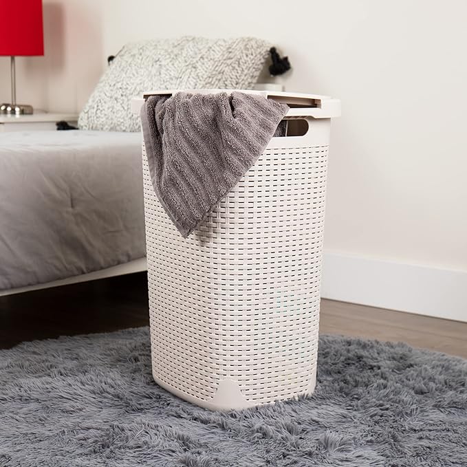 Mind Reader Slim Laundry Hamper with Lid, 60L Tall Clothes Basket, Narrow Tapered Design for Bathrooms, Closets and Laundry Rooms, Plastic, Ivory