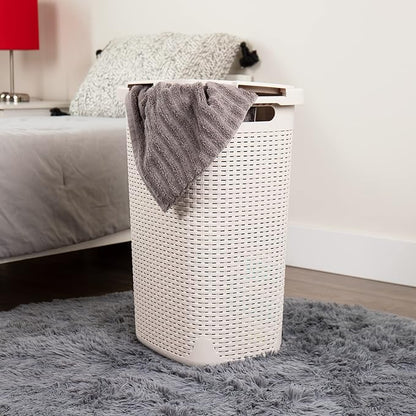Mind Reader Slim Laundry Hamper with Lid, 60L Tall Clothes Basket, Narrow Tapered Design for Bathrooms, Closets and Laundry Rooms, Plastic, Ivory