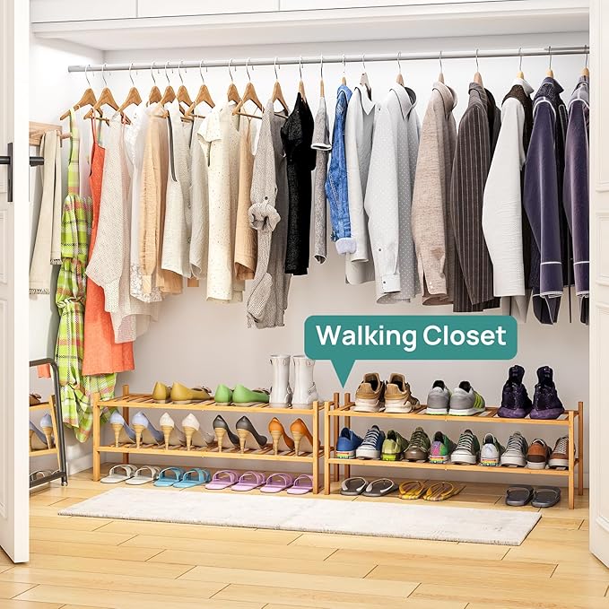 viewcare 2-Tier Long Shoe Rack for Entryway, Black Bamboo Wood Shoe Rack for Closet & Hallway, Long 33IN | Beautiful | Functional | Sturdy | Durable