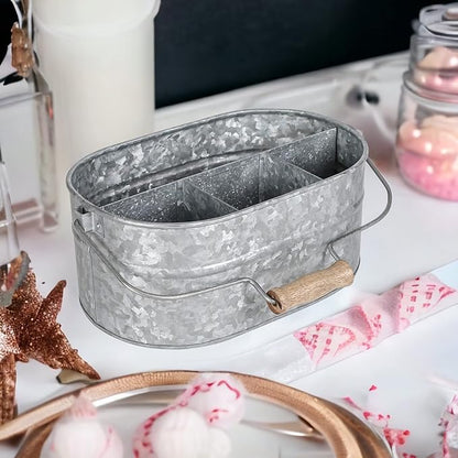 CLEENTABLE Galvanized Heavy Duty Utensil Holder for Countertop, 4-Compartment Large Cooking Utensil Crocks for Kitchen Counter, Farmhouse Utensil Vase for Housewarming, Kitchen Décor (Silver)